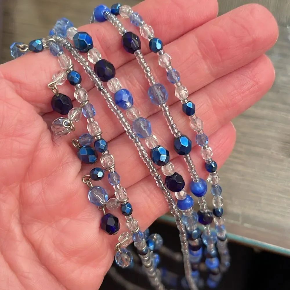 Vintage CZECH REPUBLIC 5 Strand Bib Statement Necklace Blue Cut Glass Beads - Picture 12 of 15